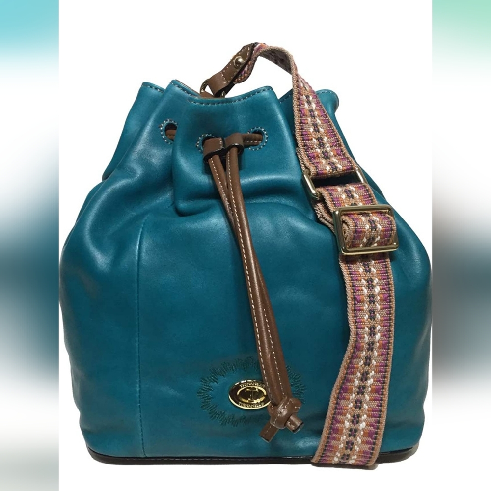 NWOT Tignanello Milan Drawstring Cross Body W/RFID Protection, Peacock/Cognac